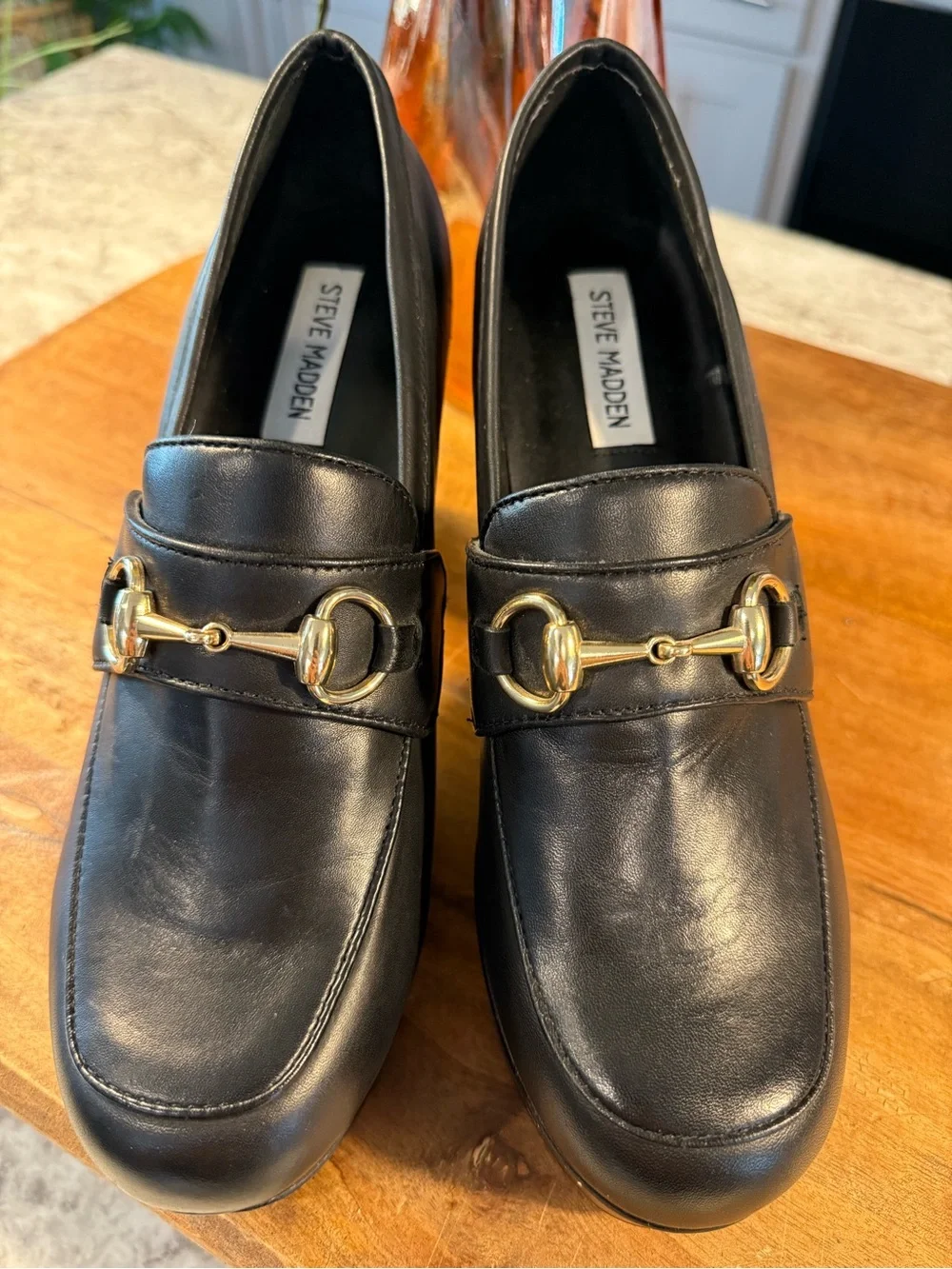 Steve Madden Cinderella Black Leather Platform Loafers with Gold Hardware
